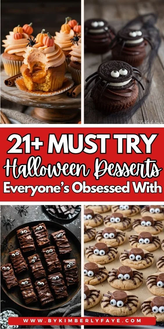 Delicious Halloween desserts including cupcakes, cookies, and spooky treats.