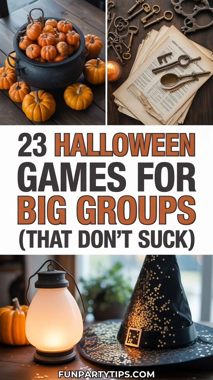Group of friends playing Halloween party games at a festive gathering