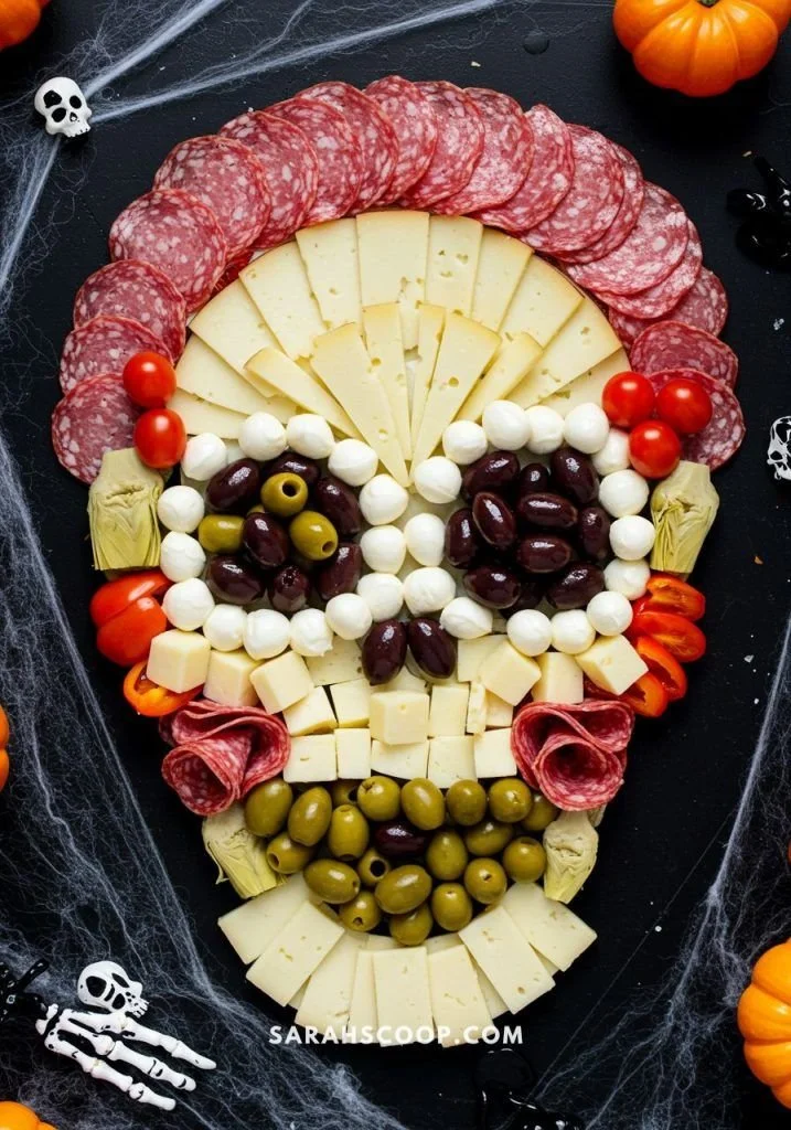 Halloween charcuterie board featuring spooky snacks and decorations.
