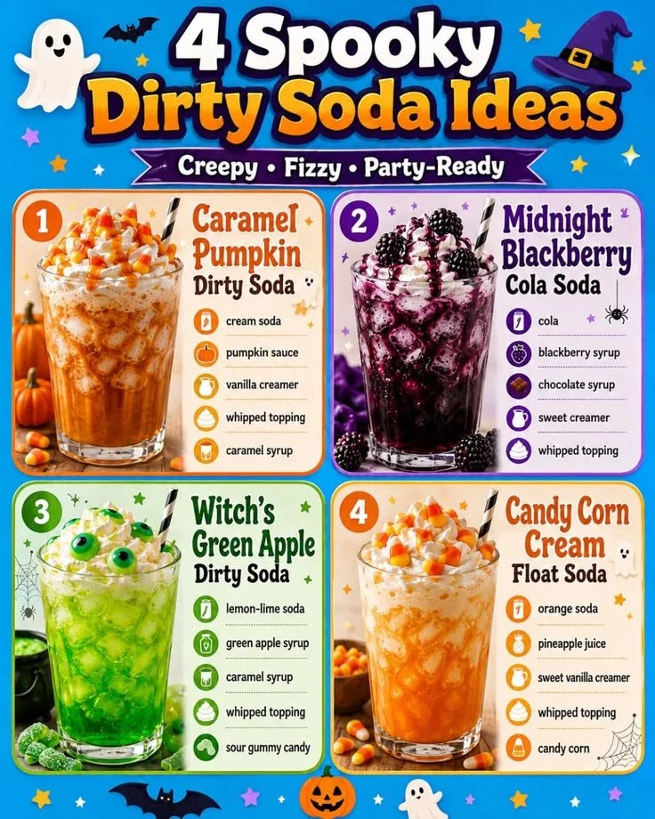 Four spooky dirty soda drinks for Halloween with fizzy flavors and creamy toppings.