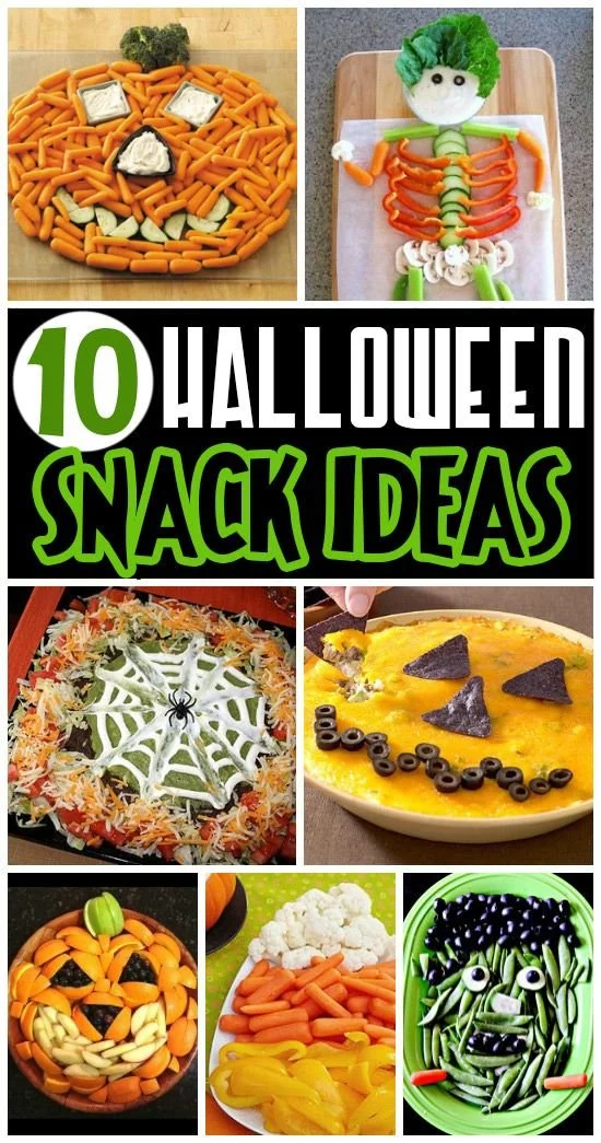 Colorful spread of Halloween foods and treats for festive celebrations.