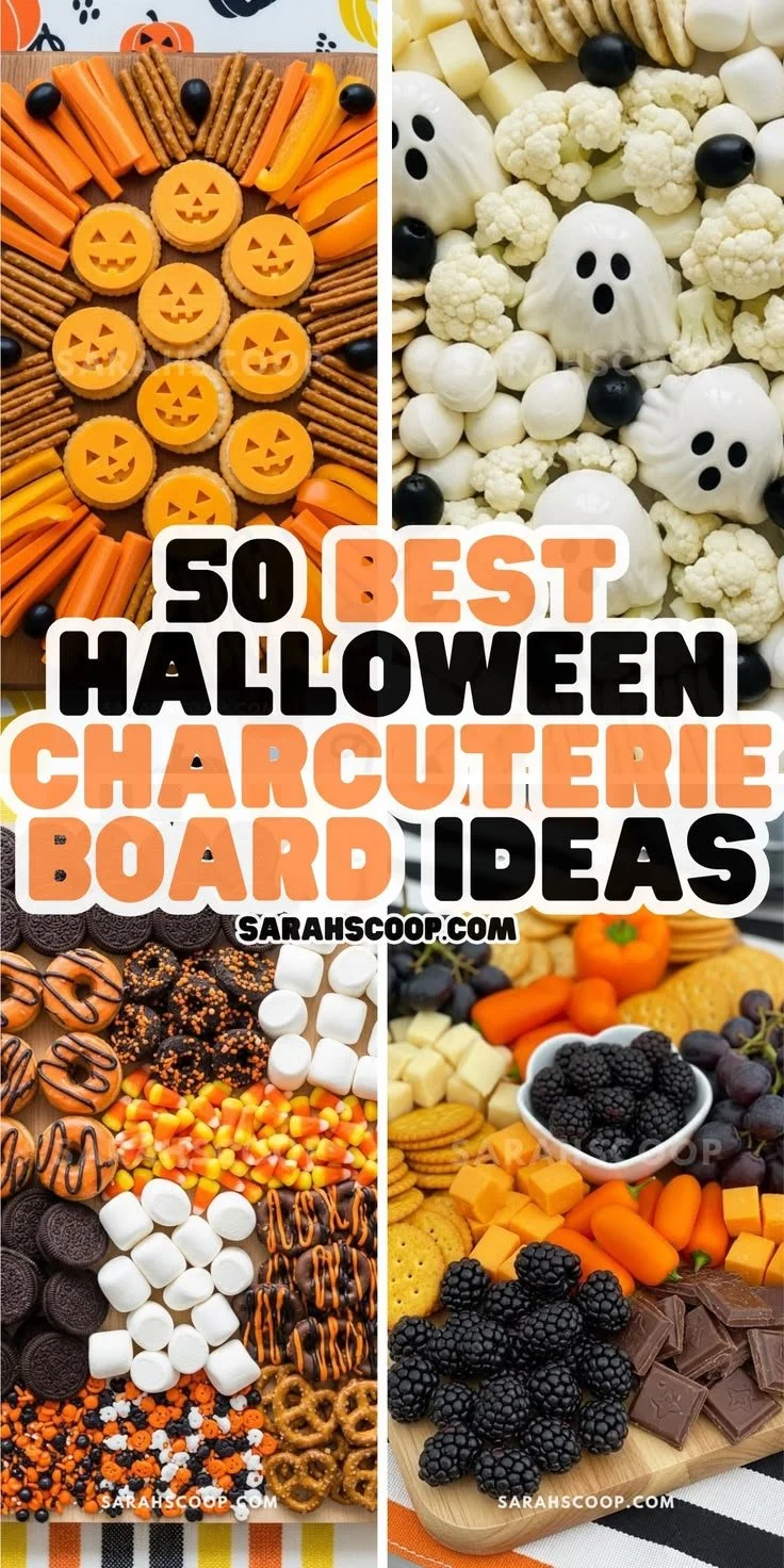 Spooky Halloween charcuterie board with themed treats and decorations.