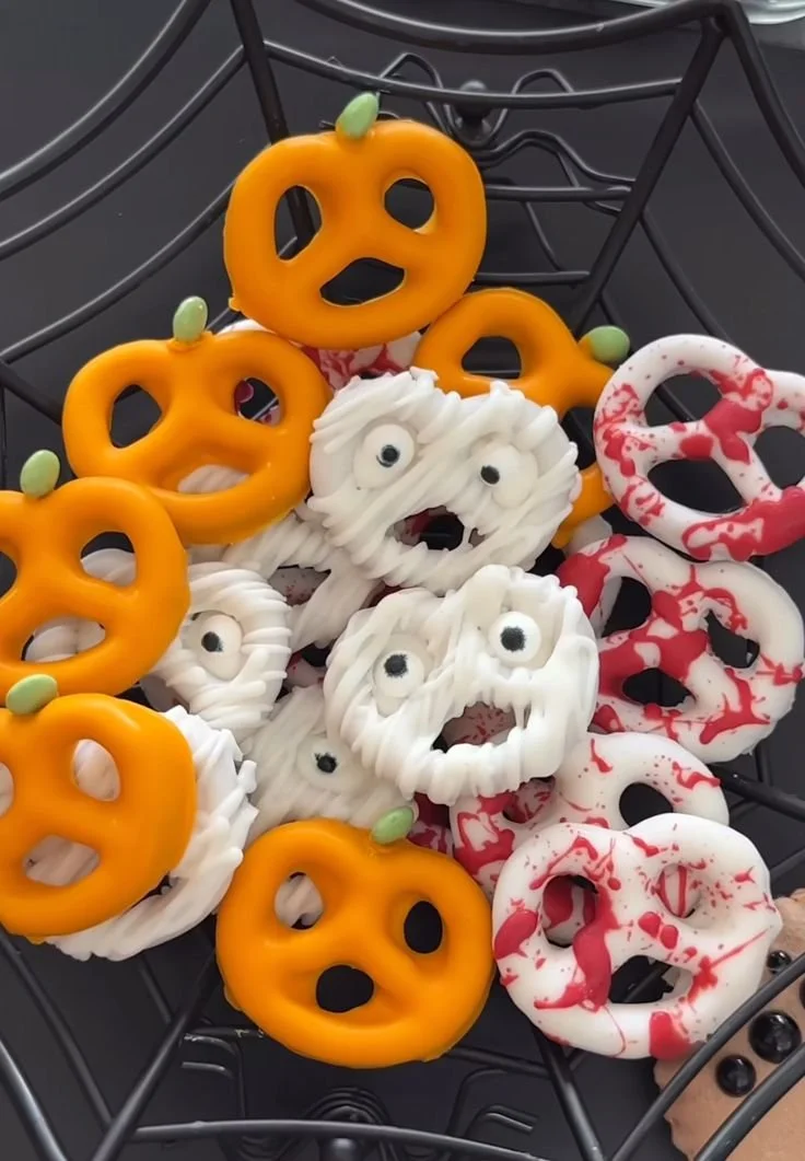 Halloween pretzels decorated for a spooky celebration