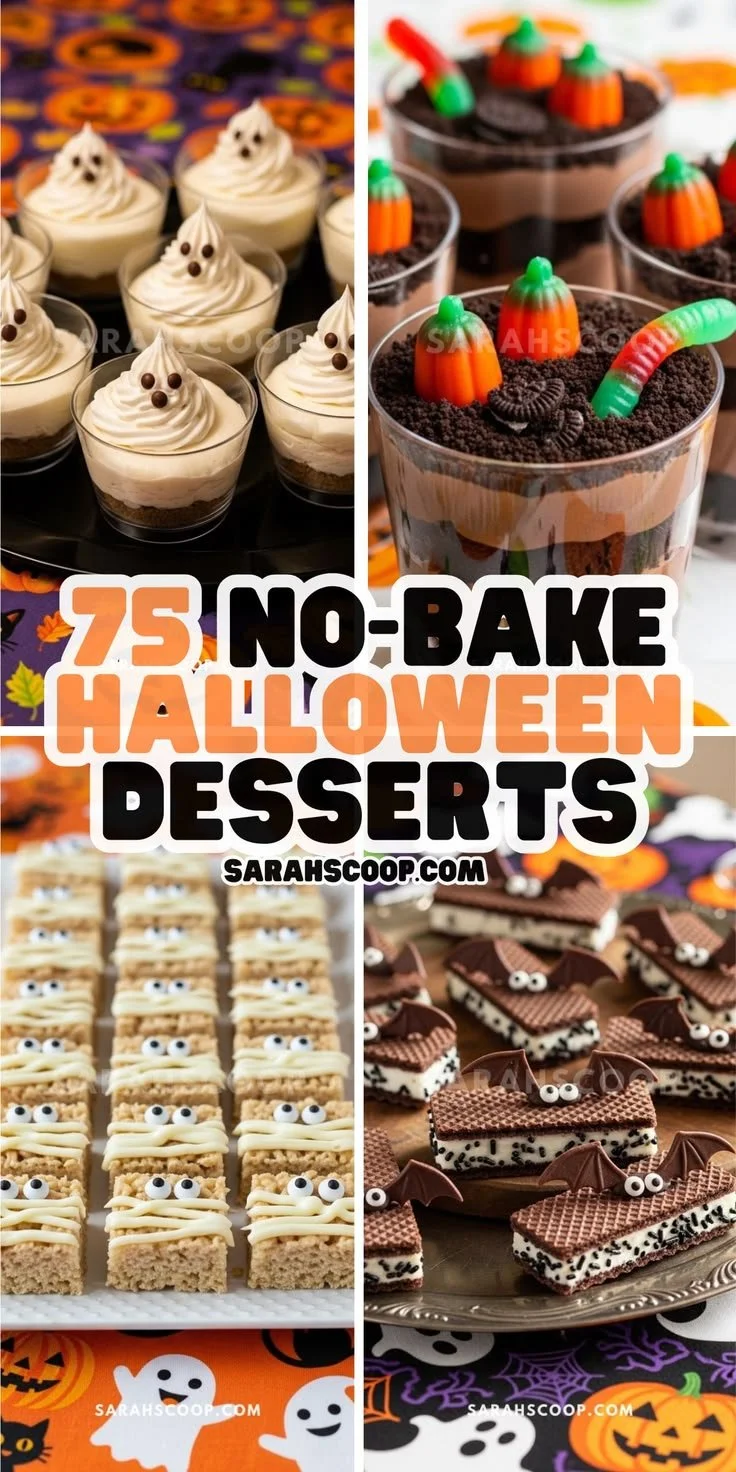 A variety of no-bake Halloween desserts including spooky cakes and treats.