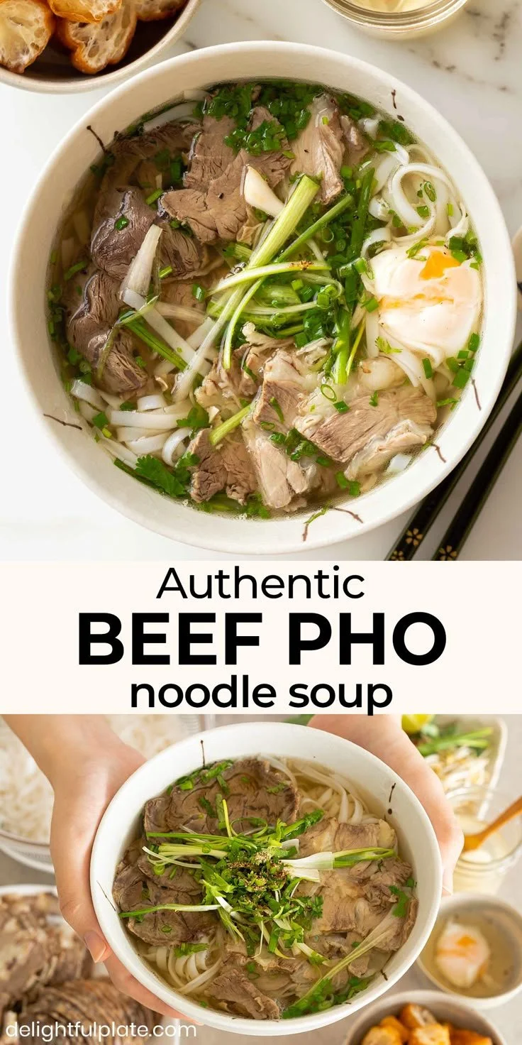 A bowl of authentic beef pho noodle soup garnished with fresh herbs and lime.