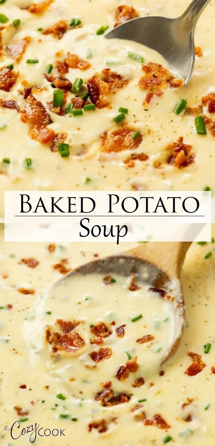 Bowl of creamy baked potato soup topped with bacon and chives.