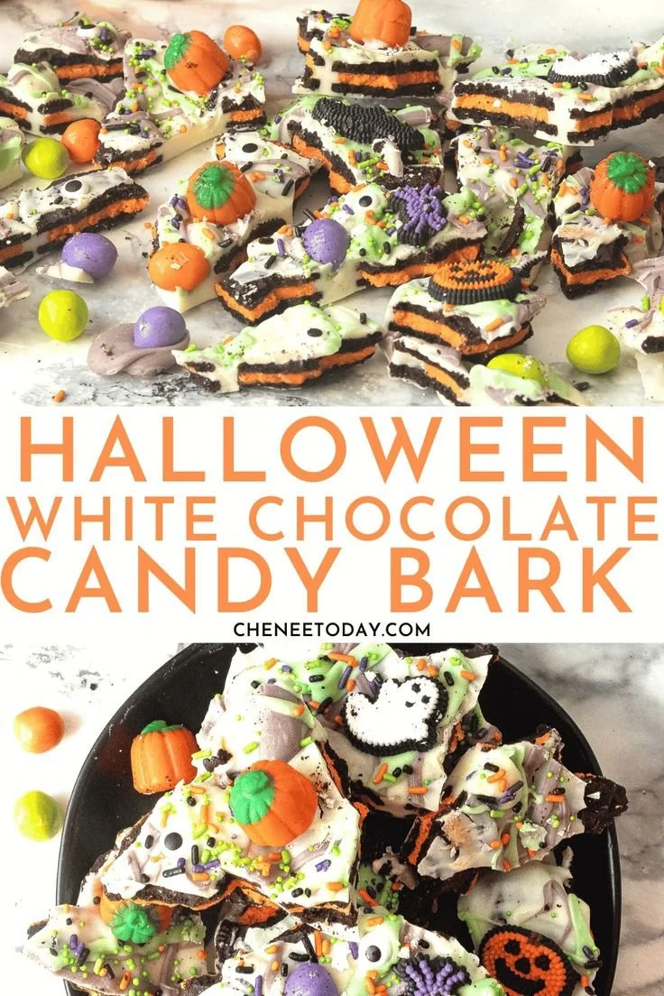 Delicious Halloween bark made with white chocolate, candy, and Oreo cookies