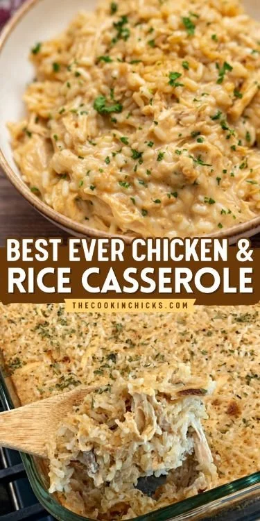 Delicious chicken and rice casserole served in a baking dish
