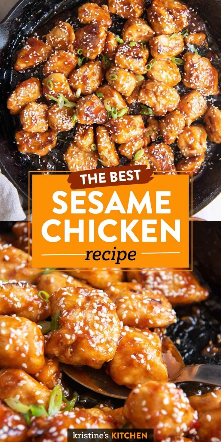 Delicious sesame chicken served with garnish and sesame seeds.