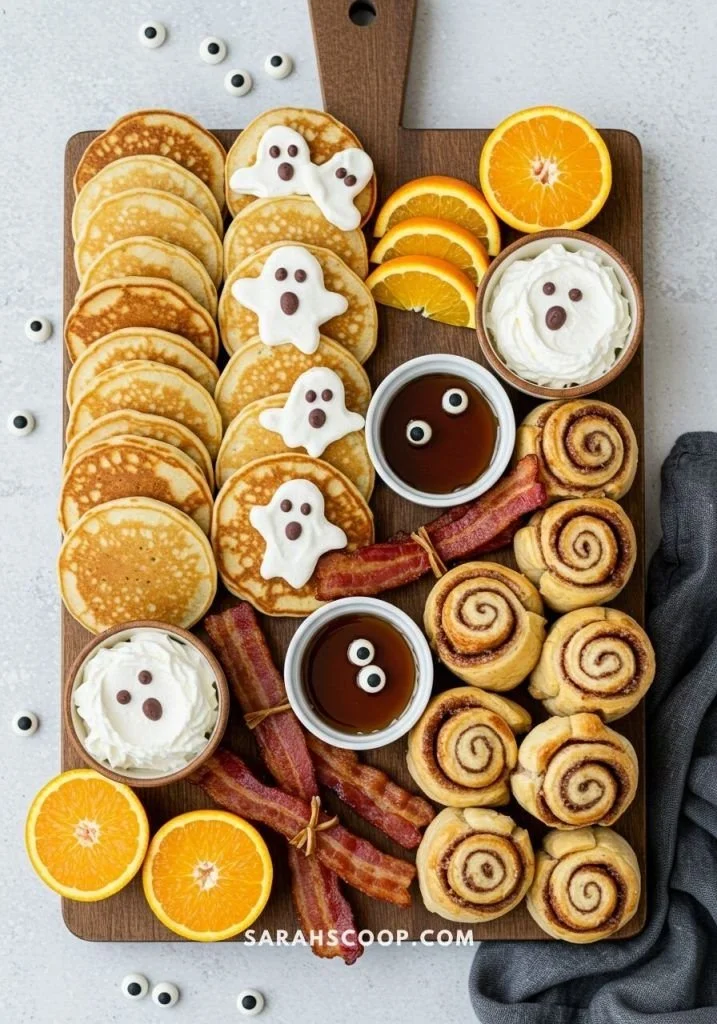 Halloween brunch with a Boo-tiful Breakfast Board featuring festive foods.