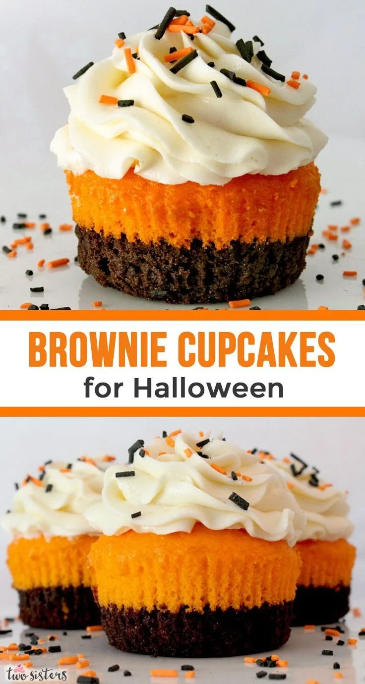 Delicious homemade brownie cupcakes topped with chocolate frosting and sprinkles.