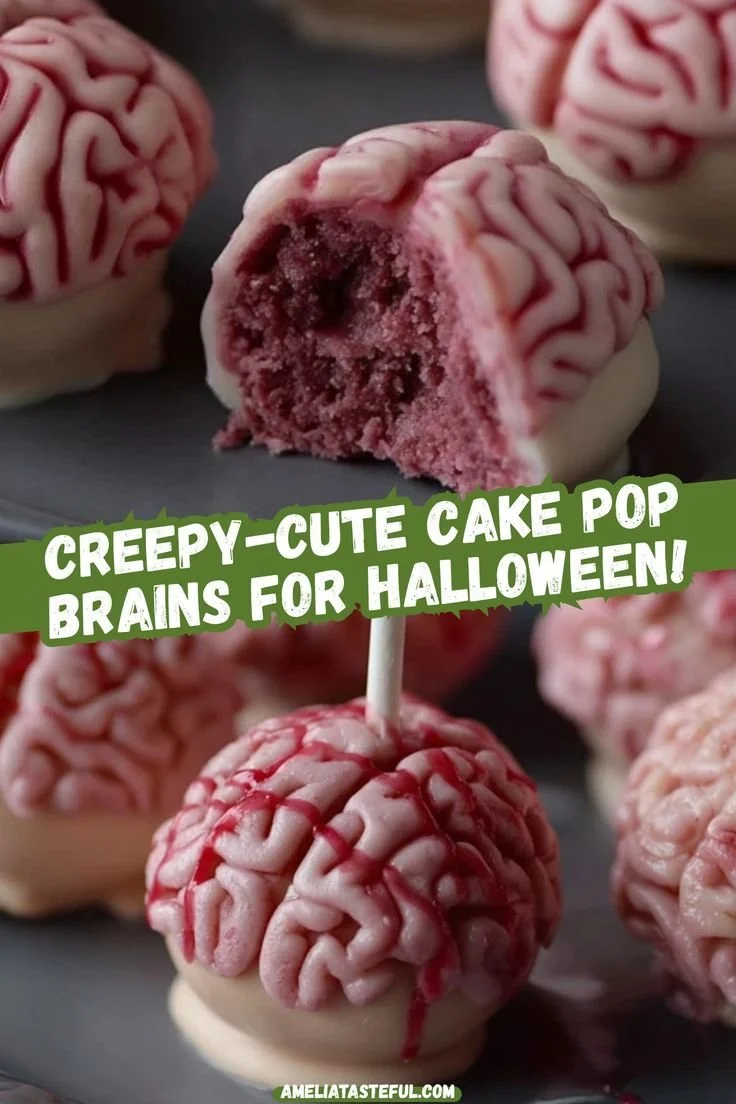 Spooky Cake Pop Brains Halloween treats decorated for a festive party.