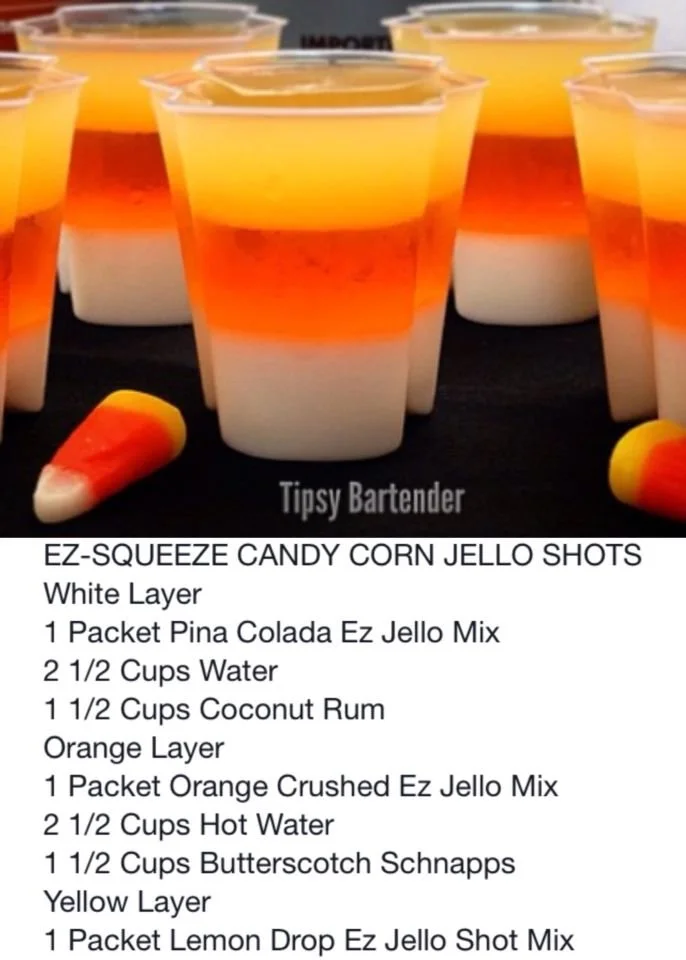 Colorful candy corn jello shots for Halloween parties