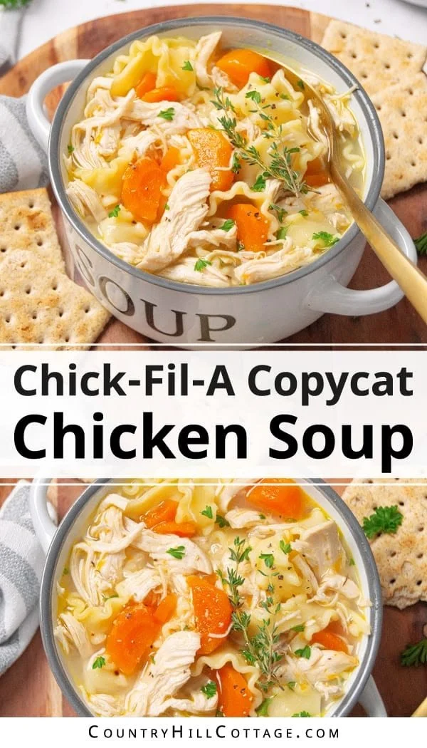 Delicious bowl of Chick Fil A chicken noodle soup with fresh ingredients