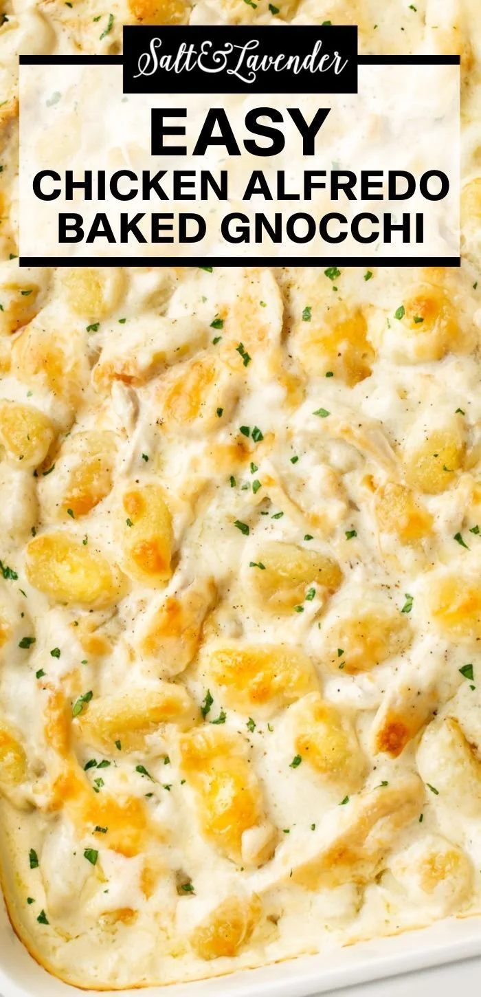 Creamy Chicken Alfredo Baked Gnocchi dish with cheese and herbs