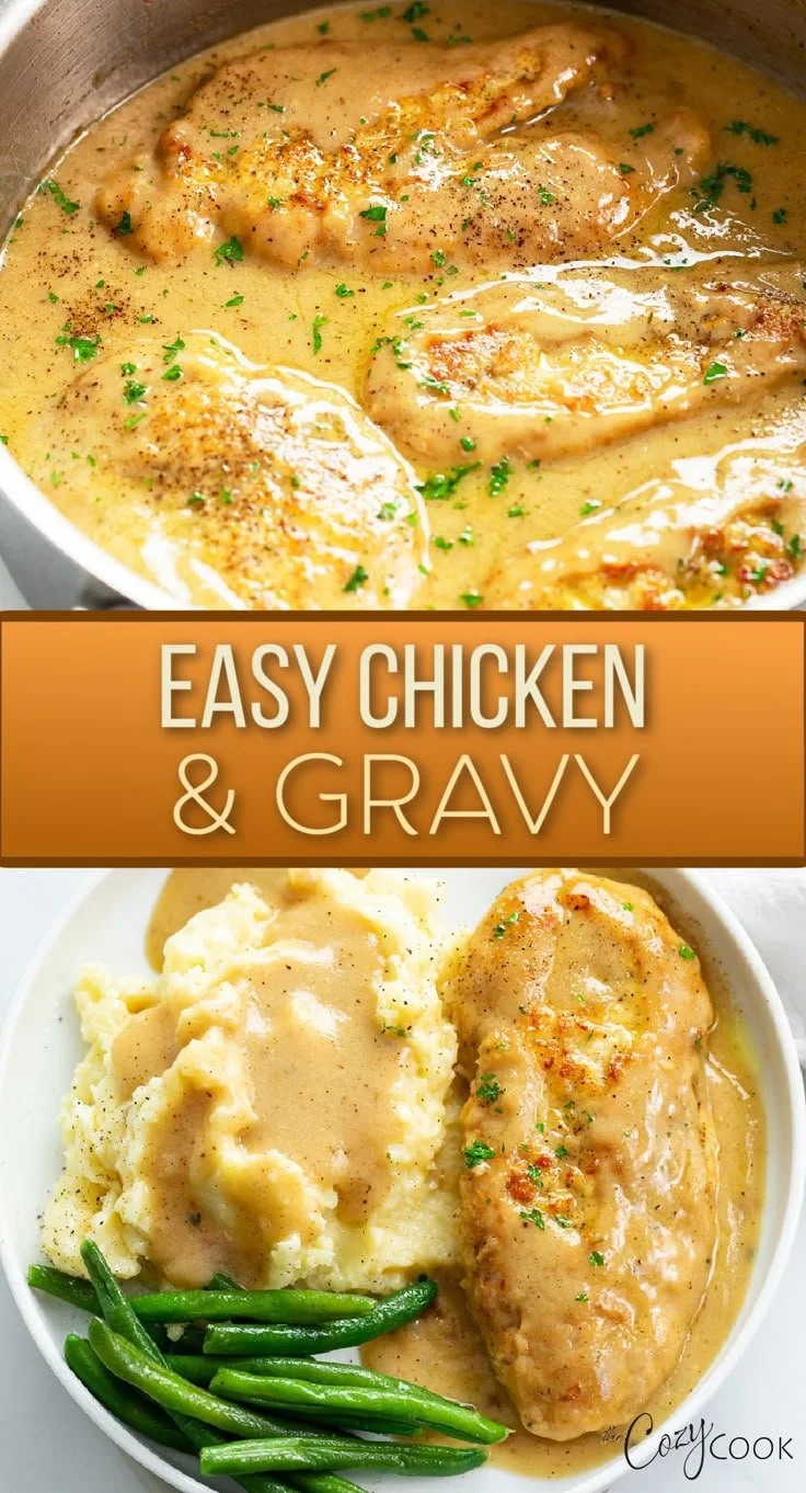 Delicious chicken and gravy served over mashed potatoes