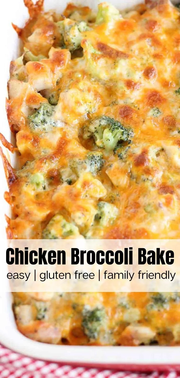 Delicious Chicken Broccoli Bake served with cheese on top in a baking dish