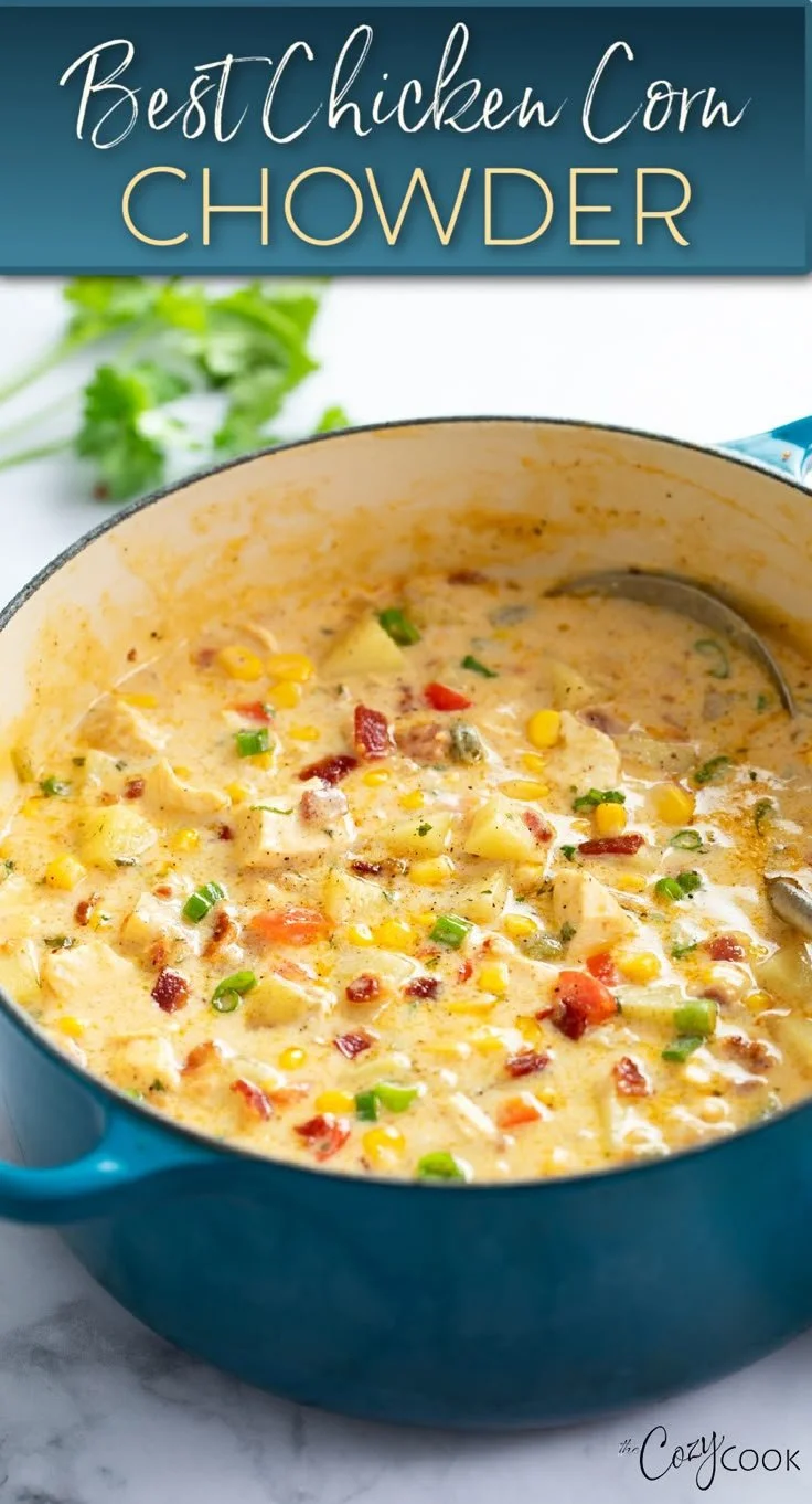 Bowl of creamy Chicken Corn Chowder with corn and chicken pieces