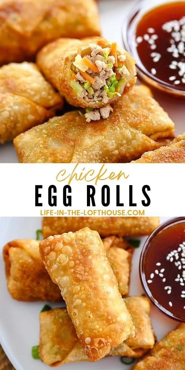 Crispy chicken egg rolls filled with seasoned chicken and vegetables