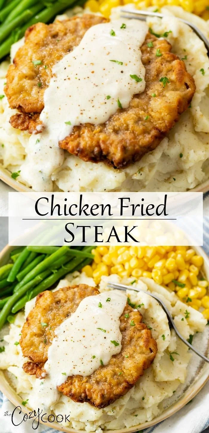 Delicious restaurant-style Chicken Fried Steak served with gravy and sides.