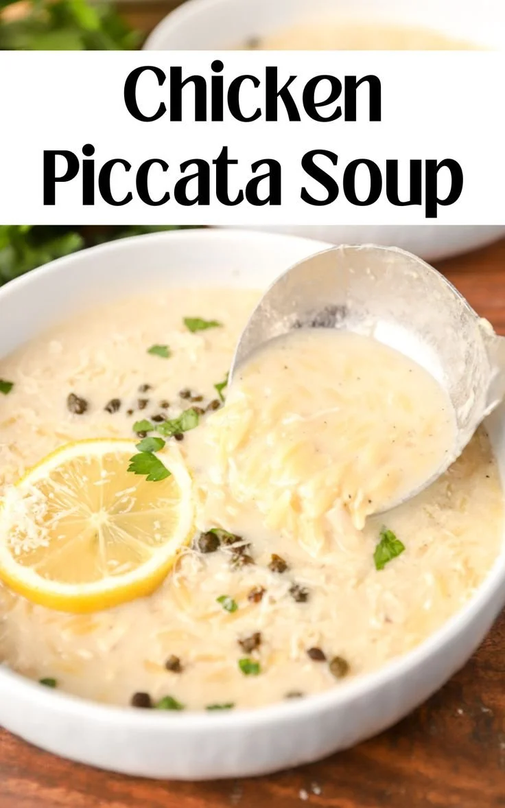 Bowl of Chicken Piccata Soup garnished with parsley and lemon slices
