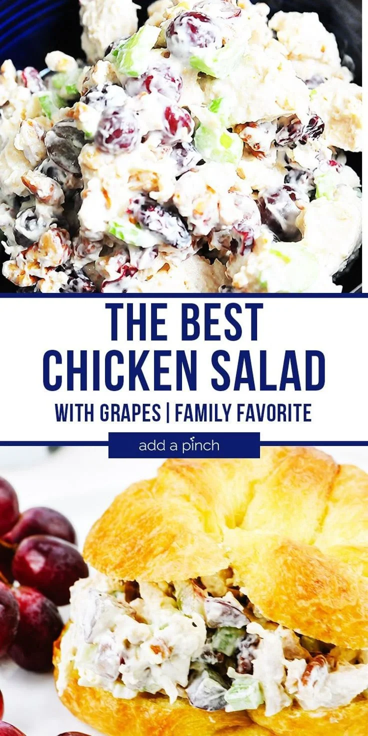 A bowl of chicken salad with grapes and cream cheese garnished with herbs.