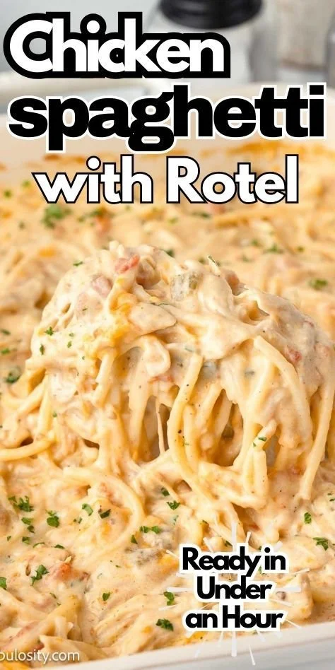 Delicious chicken spaghetti with Rotel in a serving dish.