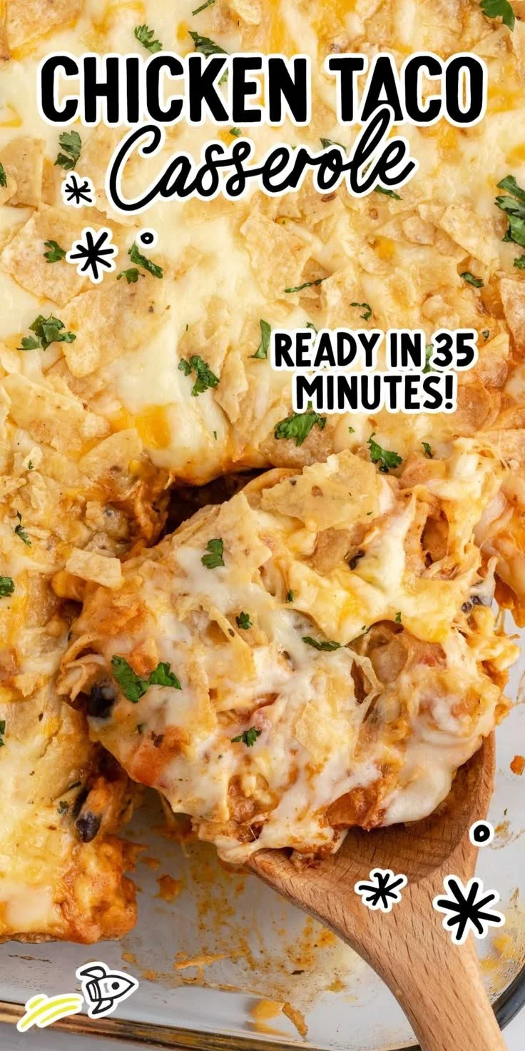 Delicious chicken taco casserole served in a baking dish with toppings