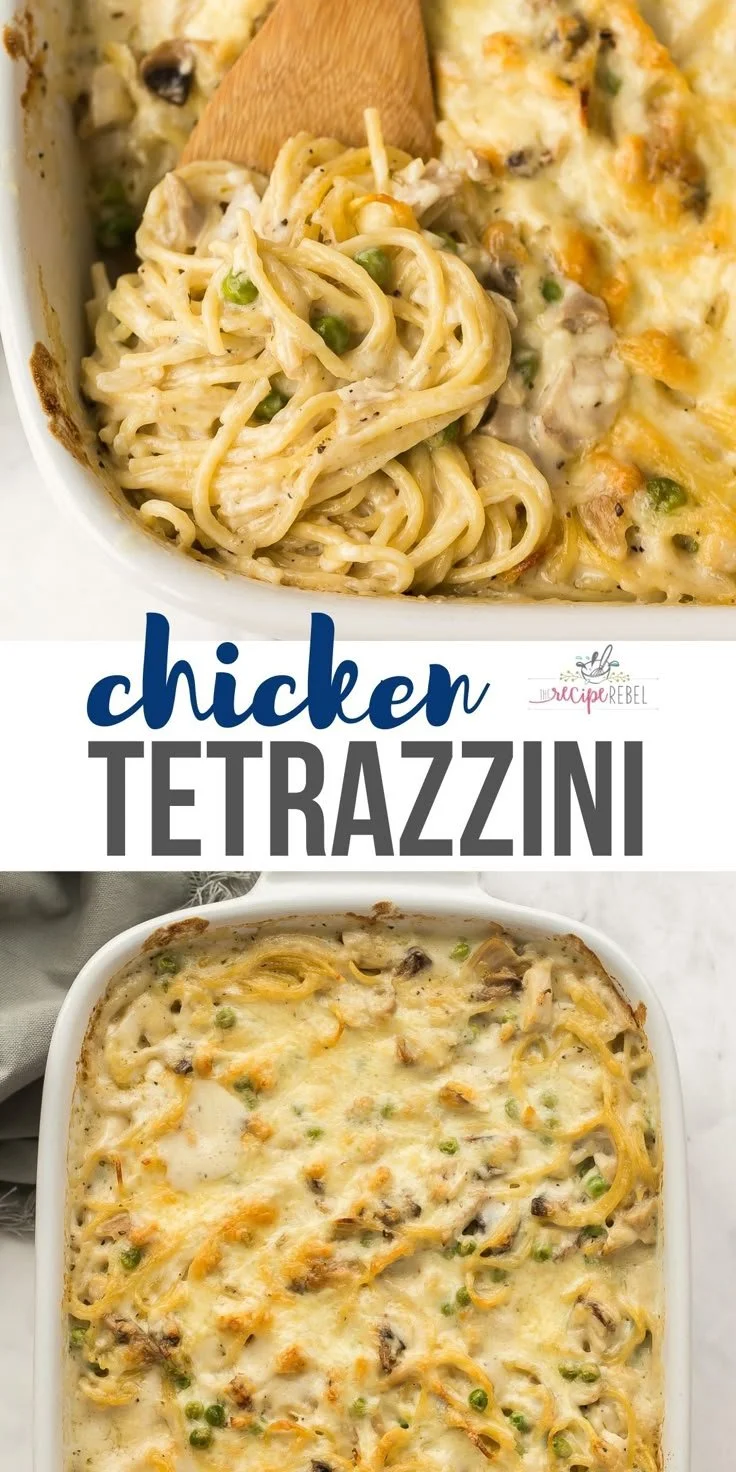 Creamy Chicken Tetrazzini served in a bowl with vegetables and herbs.