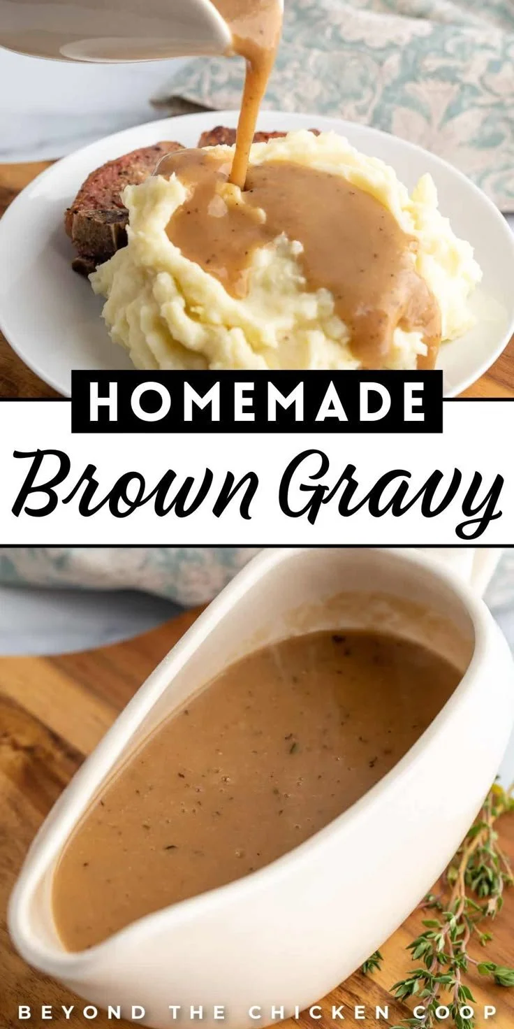 Delicious classic brown gravy served over roasted turkey with herbs.