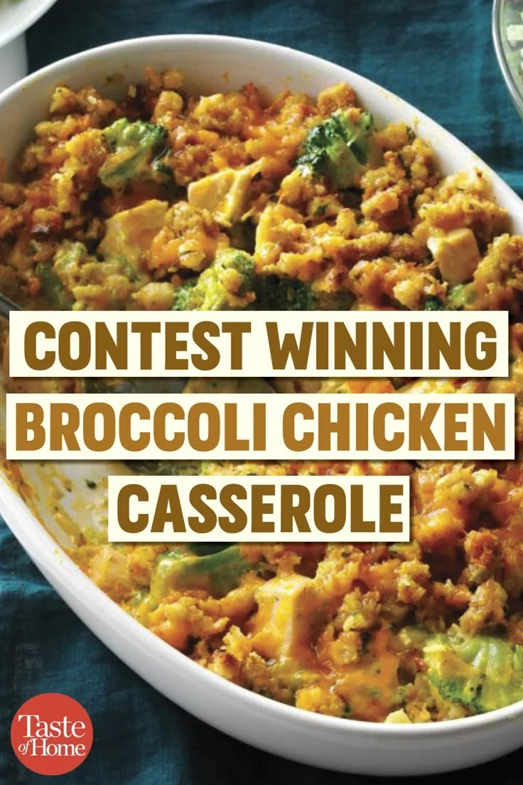 Delicious broccoli chicken casserole served in a baking dish