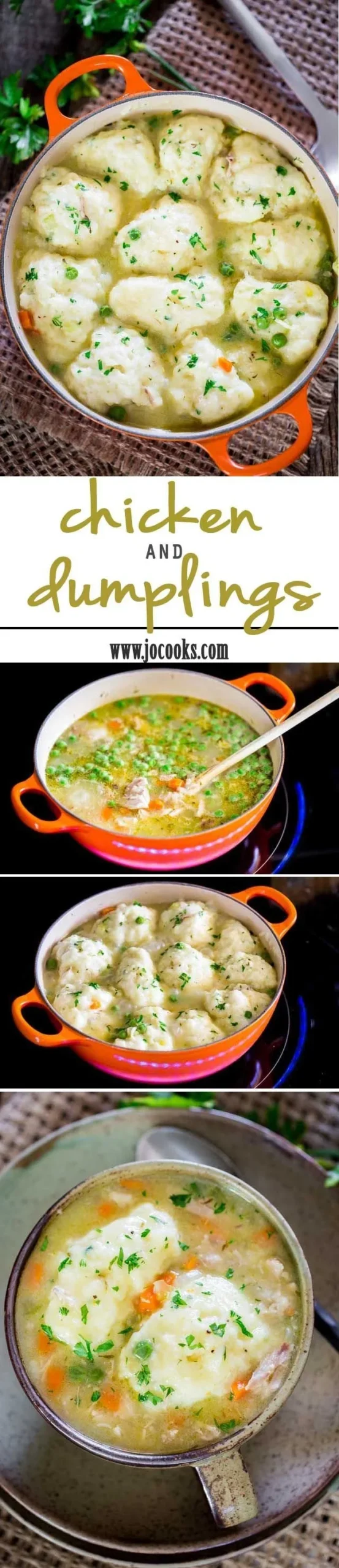 Delicious cozy chicken and dumplings served in a bowl with herbs.