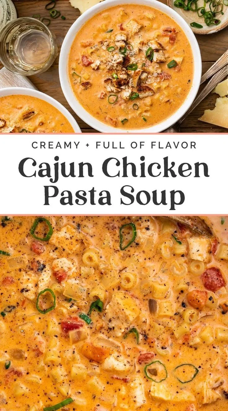 Bowl of creamy Cajun chicken pasta soup garnished with herbs
