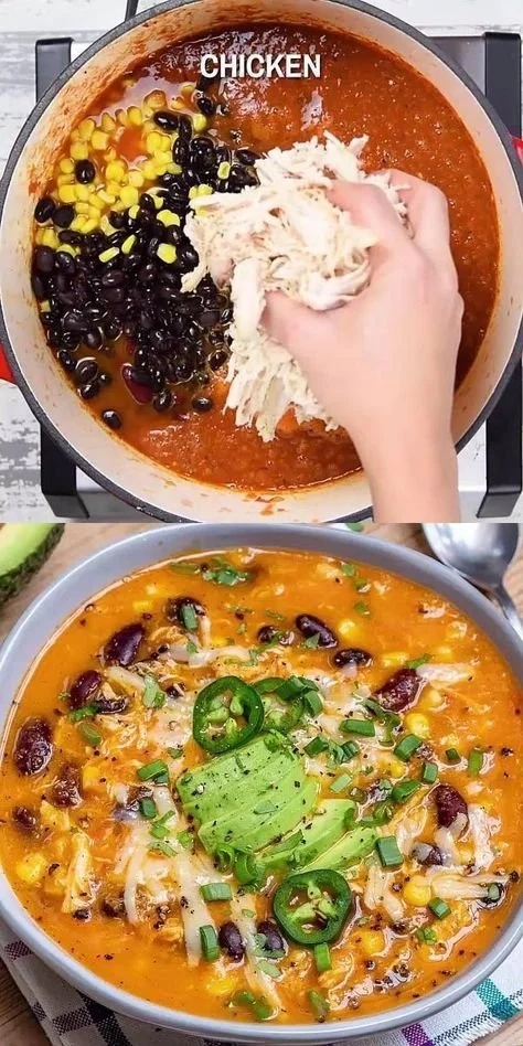 Bowl of creamy chicken enchilada soup topped with cheese and cilantro
