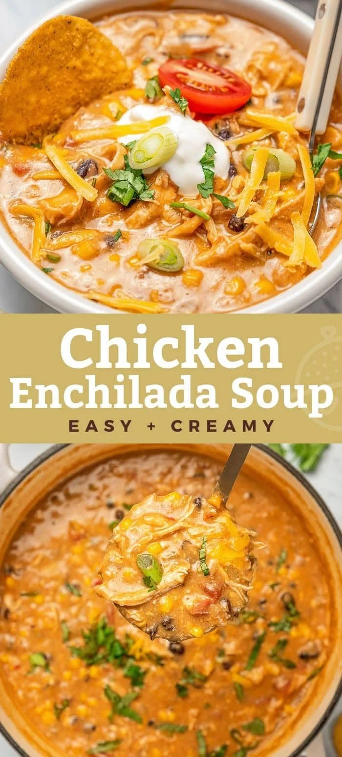 Bowl of creamy chicken enchilada soup garnished with cilantro and lime.