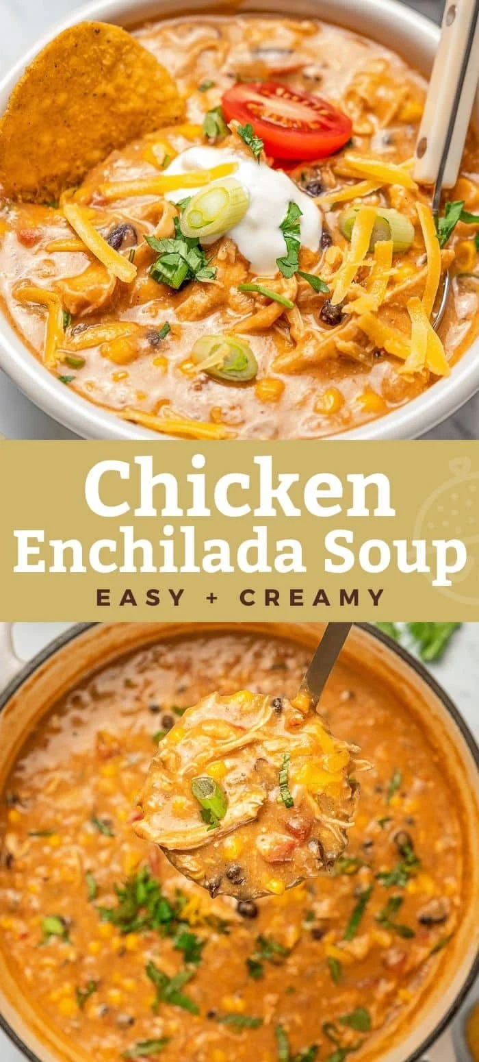 Bowl of creamy chicken enchilada soup topped with cheese and cilantro