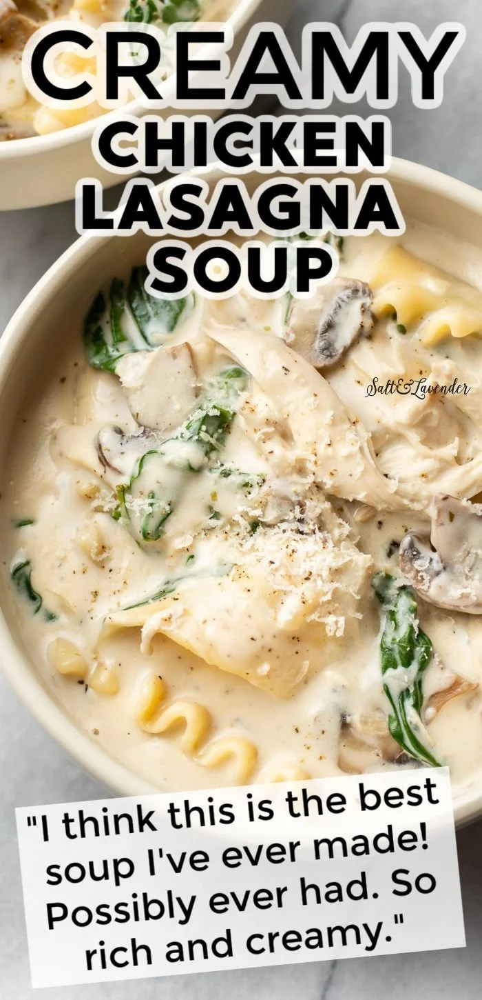 Creamy chicken lasagna soup in a bowl topped with herbs and cheese