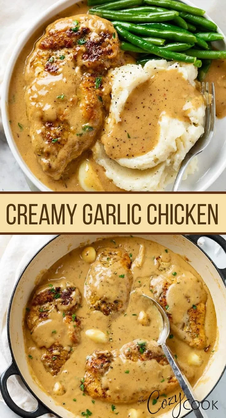 Creamy garlic chicken served with gravy and mashed potatoes, perfect dinner recipe.