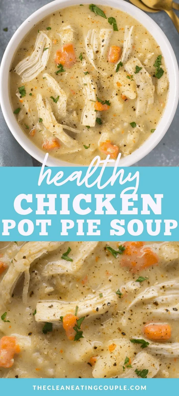 Creamy chicken pot pie soup with vegetables and herbs in a bowl