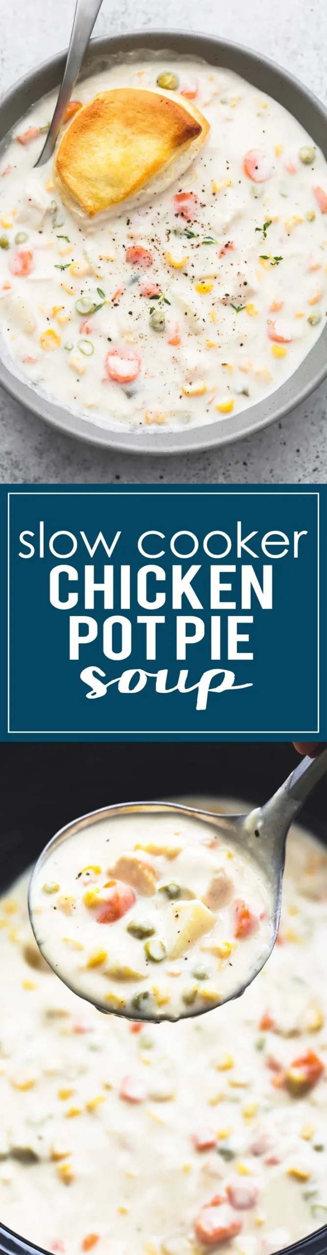 Creamy slow cooker chicken pot pie soup with chicken and potatoes in a bowl