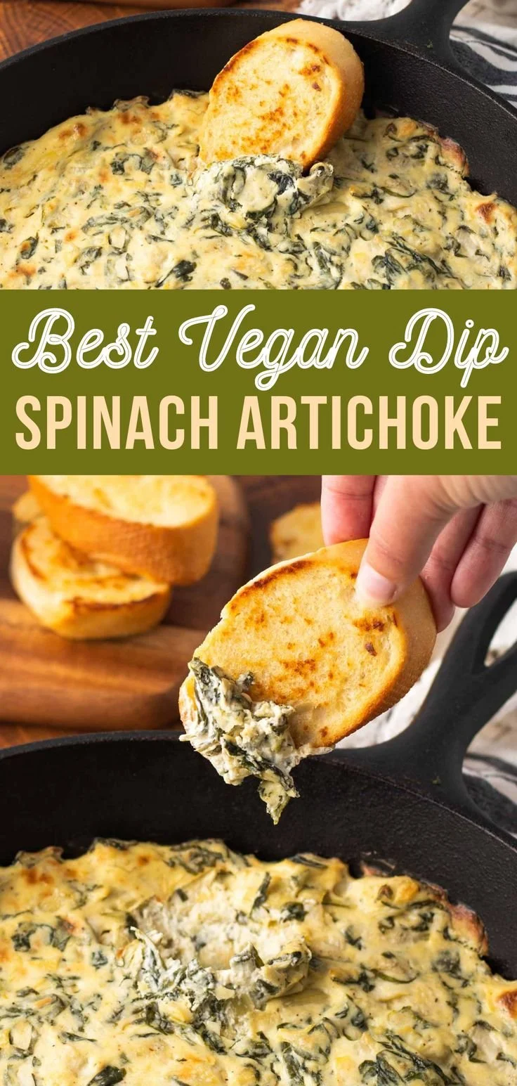 Creamy vegan spinach artichoke dip served in a bowl with fresh veggies