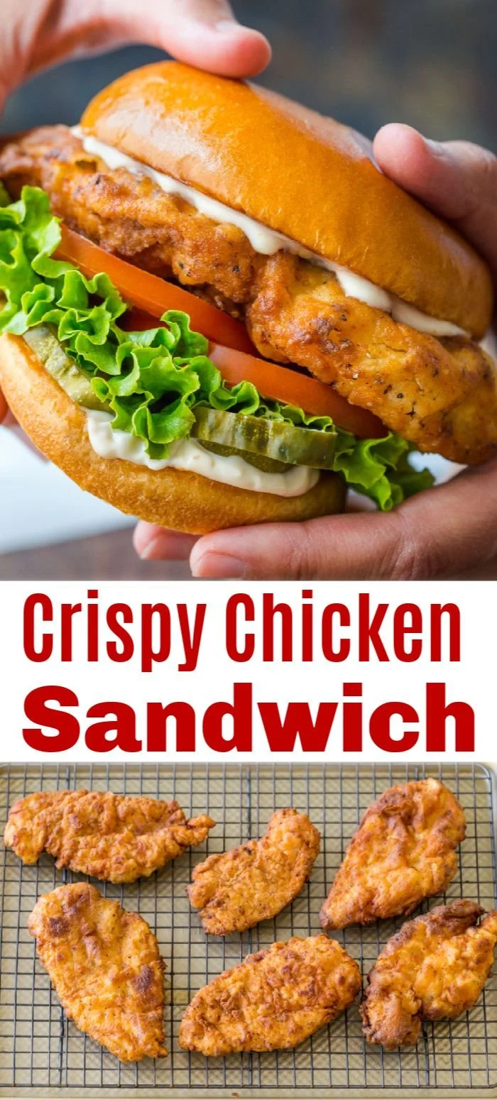 Homemade crispy chicken sandwich with fresh toppings and golden-brown breading.