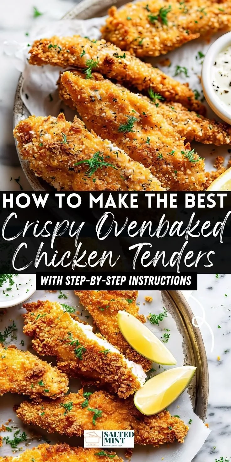 Crispy oven baked chicken tenders served with dipping sauces on a plate