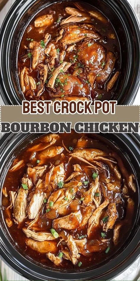 Delicious Crock Pot Bourbon Chicken served with rice and vegetables