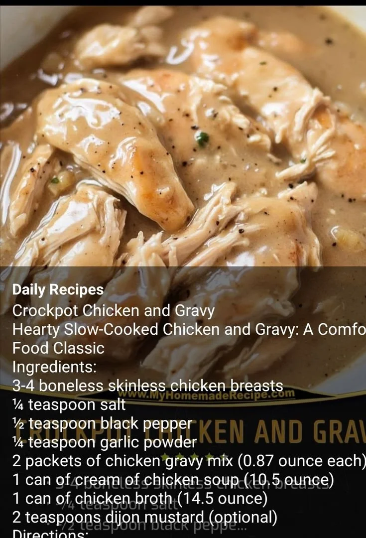 Crockpot chicken and gravy served with mashed potatoes and vegetables