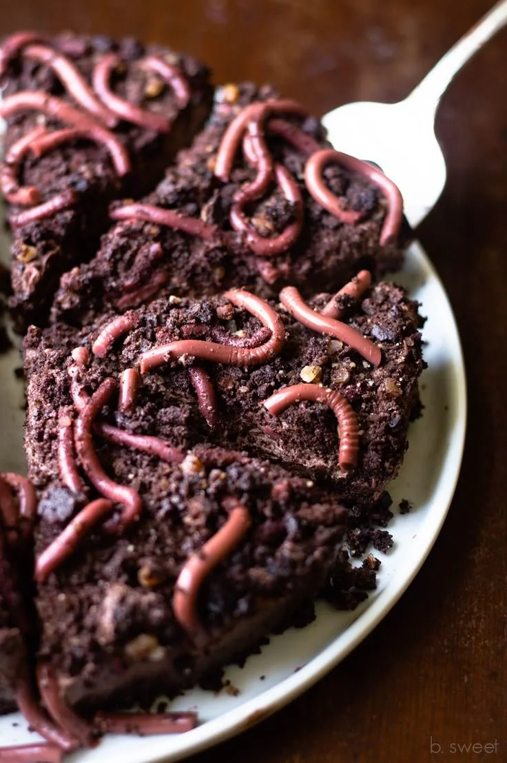 Dark Chocolate Pecan Mousse Tart with Halloween worms decoration