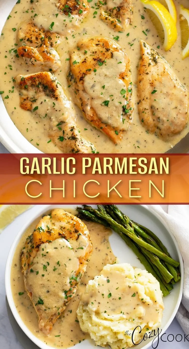 Delicious garlic parmesan chicken served on a plate with fresh herbs