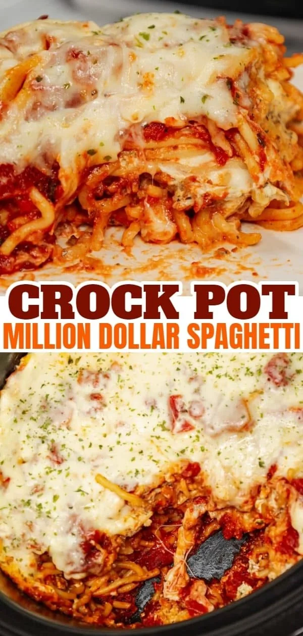 Crockpot Million Dollar Spaghetti with cream cheese and marinara sauce