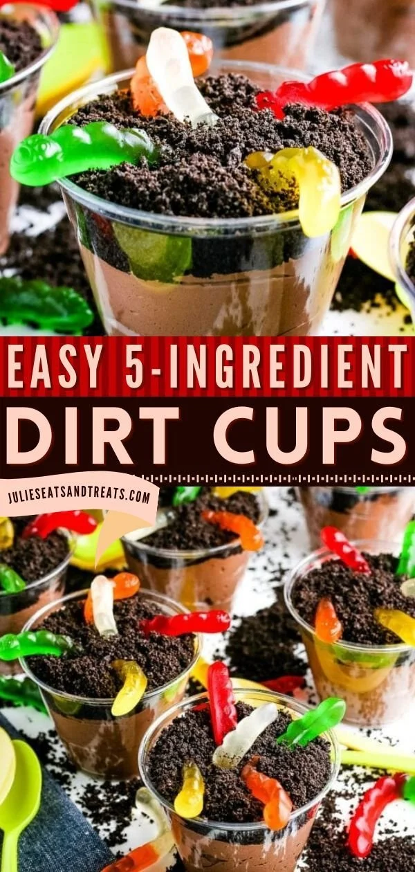 Delicious DIRT CUPS dessert with chocolate pudding, crushed cookies, and gummy worms