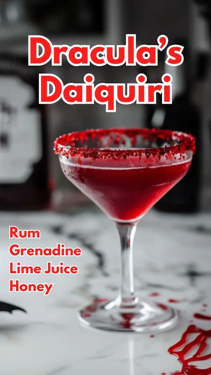 A spooky Dracula’s Daiquiri cocktail garnished with red fruit, perfect for Halloween.